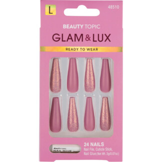 Beauty Topic Glam & Lux Long Coffin Dusty Rose & Glitter Nail Set, 24/Pack