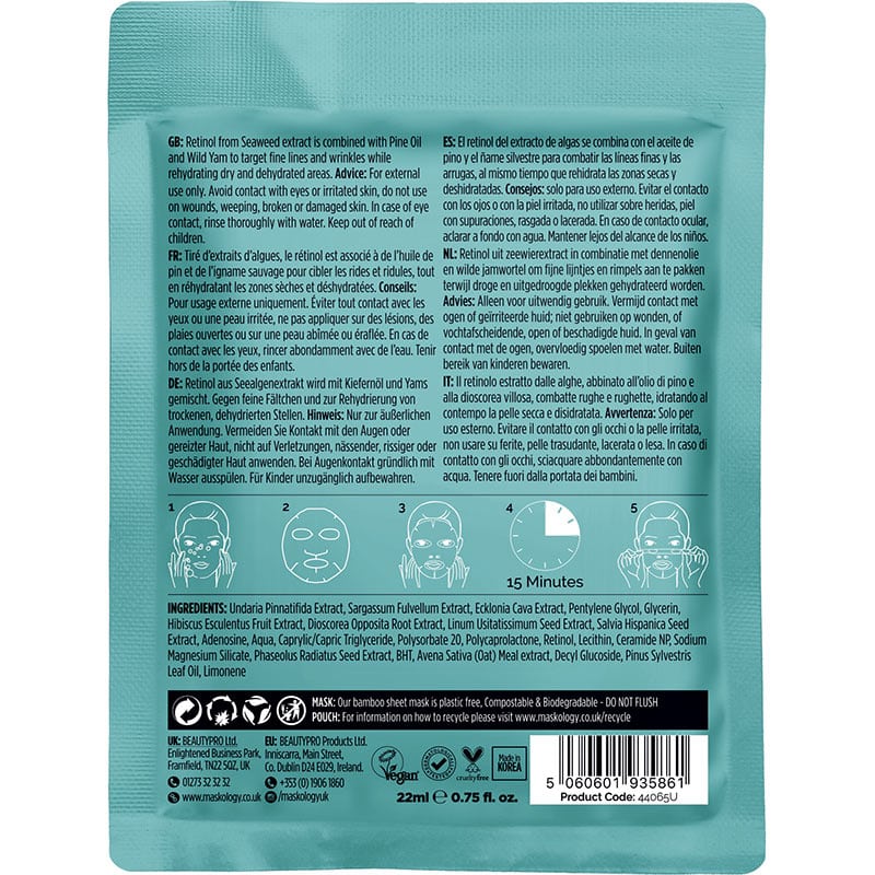 Maskology Professional Facial Sheet Mask – Anti-Ageing Retinol, 1/Pack - Image 2