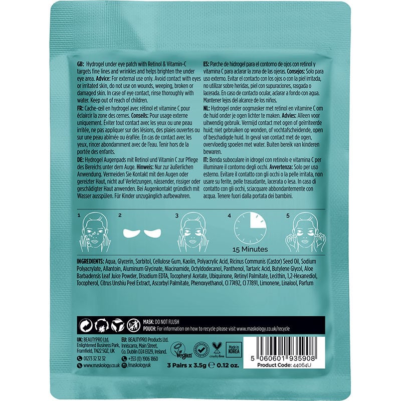 Maskology Professional Under Eye Mask – Brightening Retinol + Vitamin C, 6/Pack - Image 2